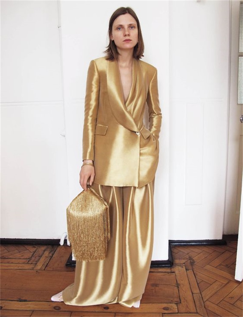 Women'S Formal Wear To A Wedding - Setelan kantor Satin sutra emas untuk