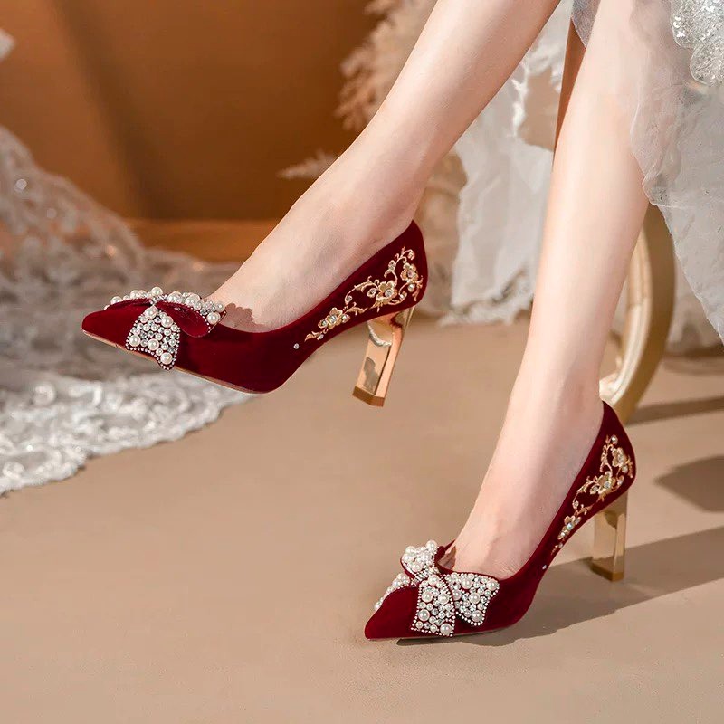 Pump Heel Block - Sepatu Hak Blok Bordir Wanita Ujung