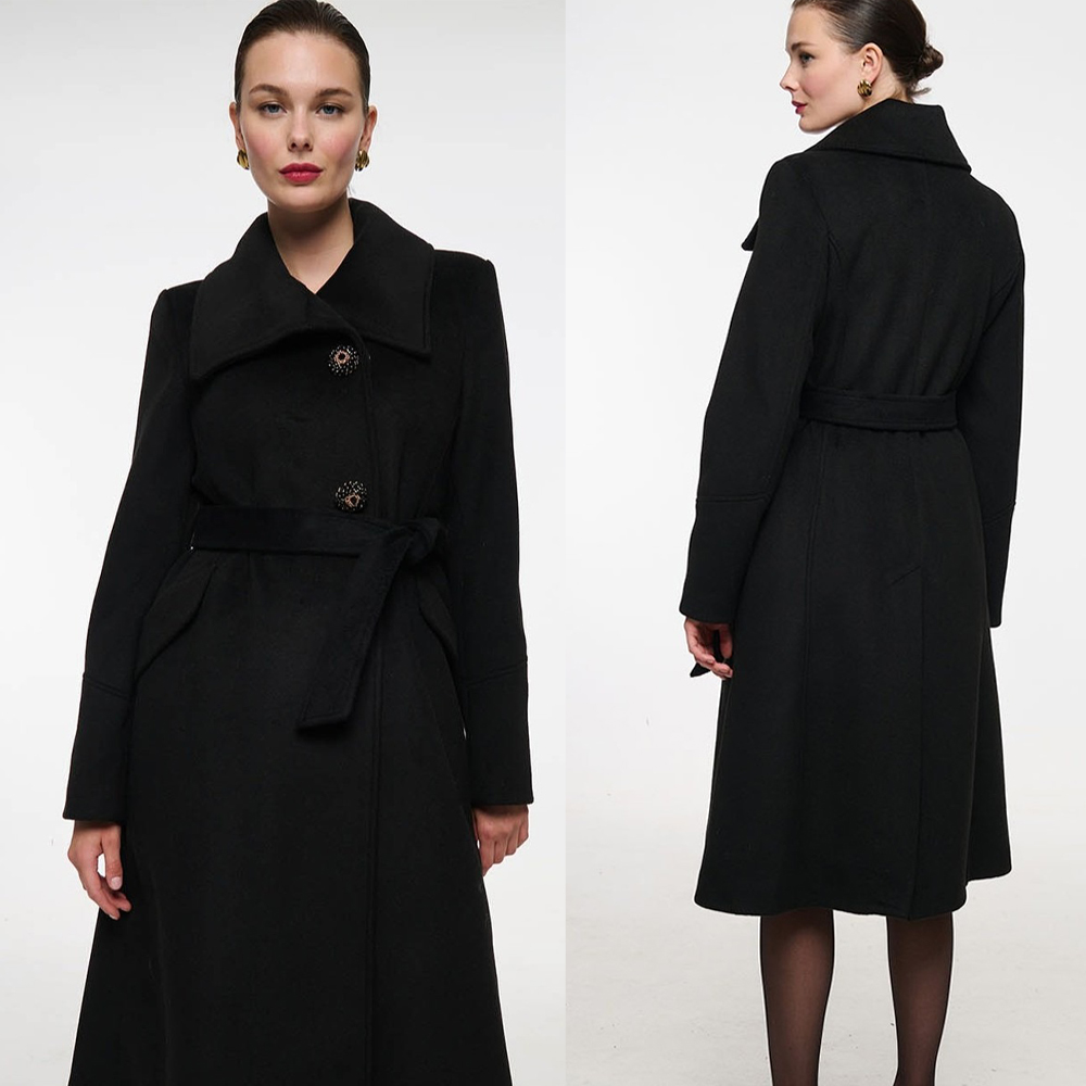 Women Formal Wear For Plus Size - Mantel Wol Wanita Kerah Tegak Hitam